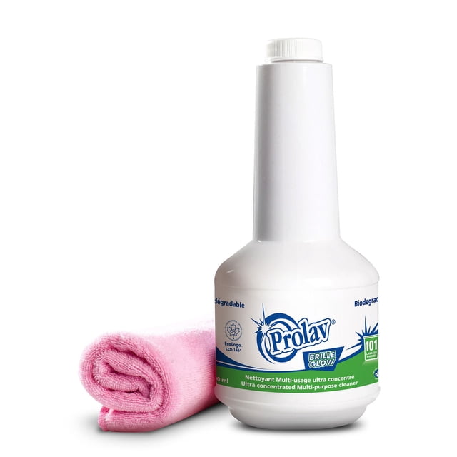 Prolav Glow Concentrated Multi-Surface Cleaner in a white bottle with green and blue label, featuring a biodegradable, eco-friendly formula for multi-purpose household cleaning, shown with a rolled pink microfiber cloth ideal for streak-free shine.