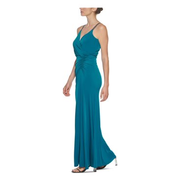 CALVIN KLEIN Robe de Cocktail Longue pour Femmes, Bleu Sarcelle, Extensible, Froncée, à Fermeture Éclair, Ornée de Bretelles, en Tricot Jersey, à Bretelles Spaghetti, Encolure Superposée, 8