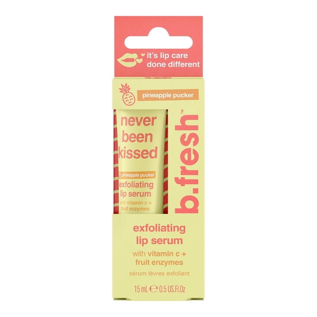 b.fresh never been kissed exfoliating lip serum in pineapple pucker scent, 15 ml tube in yellow and coral packaging, enriched with vitamin C and fruit enzymes to promote healthy lip skin and gentle exfoliation