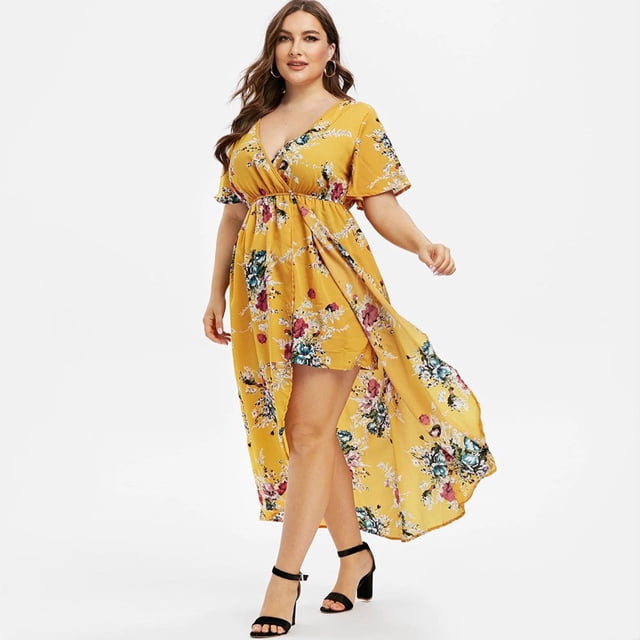 Robes Maxi pour Femmes Grande Taille Mode Décontractée à Imprimé Floral Col en V Manches Courtes Robes d'Été Taille Empire Robe Évasée Robe Mini