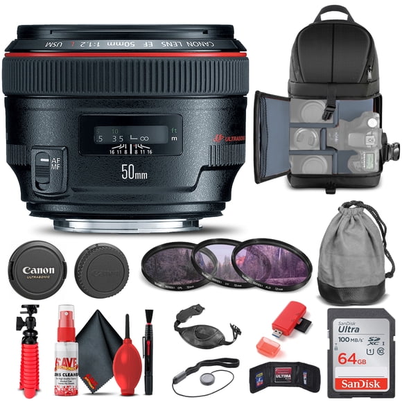 Canon EF 50mm F/1.2L USM Lens (1257B002) + Filter + BackPack + 64GB Card + More(International Model)