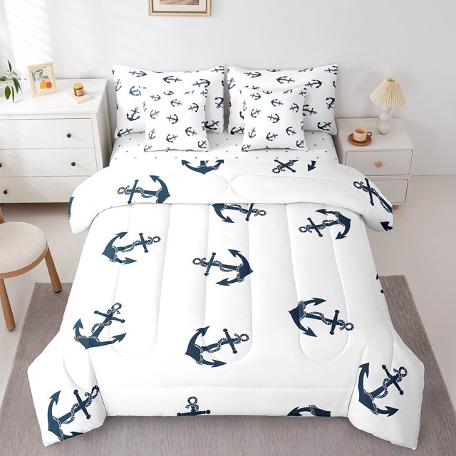 Erosebridal Ensemble de Literie Rétro avec Ancre, Format Simple, Ensemble de Lit à Thème Nautique, Décoration de Chambre Blanc Bleu Marine, Réversible 7 Pcs
