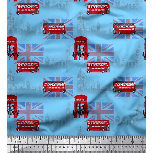 Soimoi Blue Velvet Fabric London Theme Architectural Print Sewing Fabric Yard 58 Inch Wide