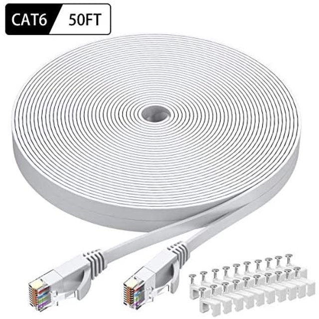 Cat6 Ethernet Cable 50 FT White, BUSOHE Cat-6 Flat RJ45 Computer Internet LAN Network Ethernet Patch Cable Cord - 50