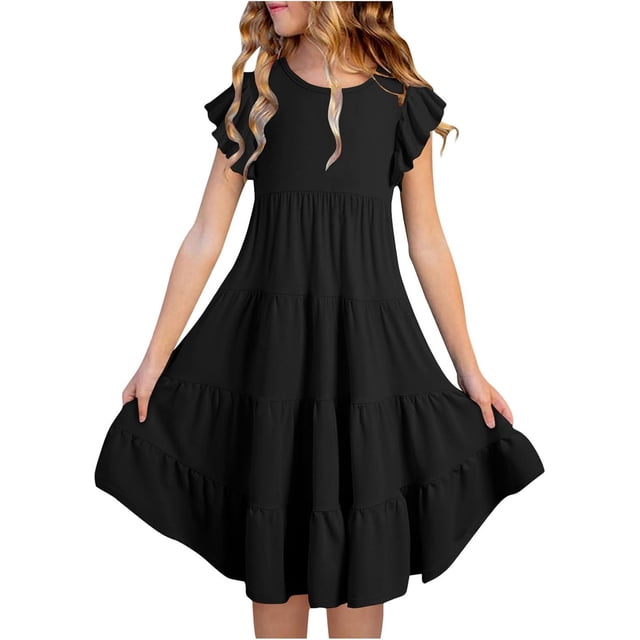 BYHONG Robes d'Été pour Filles à Manches Volantées à Double Couche, Robe Trapèze Fluide Noire, avec Encolure Ras du Cou et design à Étages. la Robe Longueur Midi au style Fluide Dégradé, Convient aux Tenues Décontractées. Conçue pour les Filles de 12-13 Ans avec une Tour de Poitrine de 78 cm et une Longueur de 93 cm. Fabriquée en Matériaux Durables, Elle Est Lavable à la Main, Lavable à la machine et Nettoyable à Sec.