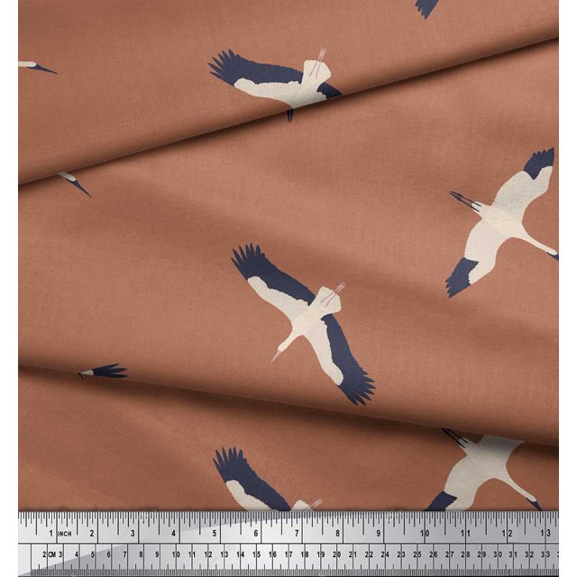 Soimoi Brown Poly Georgette Fabric Flying Stork Bird Decor Fabric Printed Yard 42 Inch Wide