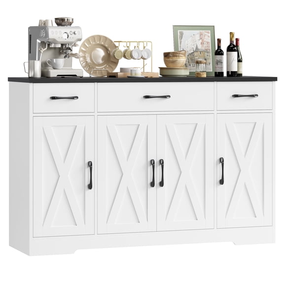 Homfa Buffet avec 3 Tiroirs et 4 Portes, Bahut de Cuisine de 55,1 Po L Armoire de Rangement avec Tablettes Ajustables, Armoire de Bar à Café Style Ferme pour Salle à Manger, Blanc et Noir