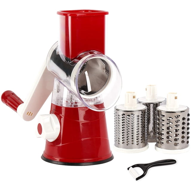 Râpe à Fromage Rotative, Outil de Cuisine Manuel Rouge et Blanc avec Manivelle, Conçu pour Râper et Trancher. Comprend Trois Lames de Tambour en Acier Inoxydable Interchangeables pour Différents styles de Râpage et une Petite Râpe Manuelle. Idéal pour le Fromage, les Légumes et Autres Tâches de Préparation des Aliments.