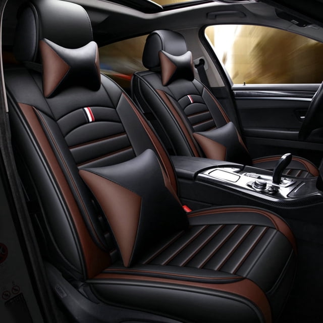 Maidao Car Seat Covers Leather Full Set for SEAT for Arona 2017-Present 5 Seats Compatible Airbag Waterproof Front Rear Cushion Protector with Pillows with Pillows Black and Coffee