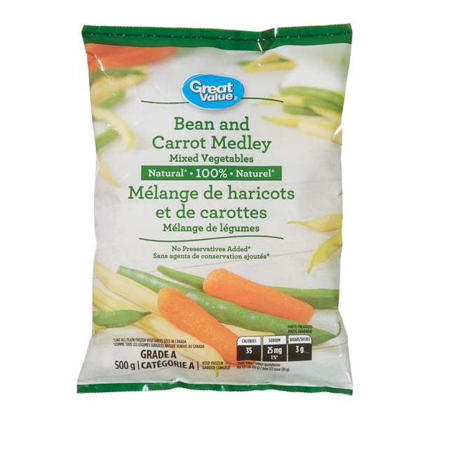 Great Value Assortiment de Fèves et de Carottes Surgelées, Sac de Légumes Mélangés Montrant des Haricots Verts et des Carottes orange, Emballage de 500 g avec Faits Nutritifs et Texte Bilingue Anglais-Français, Sans Agents de Conservation Ajoutés, Idéal pour Accompagnements, Soupes Ou casseroles.