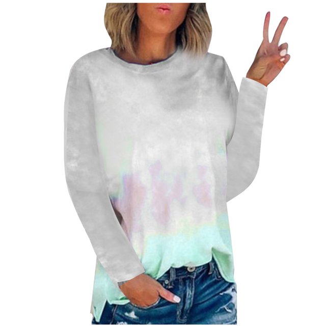 RKSTN Chandails pour Femmes Manches Longues Mode Hauts à Col Rond Imprimés Teinture sur Nœuds Décontractés Sortie Blouses Amples