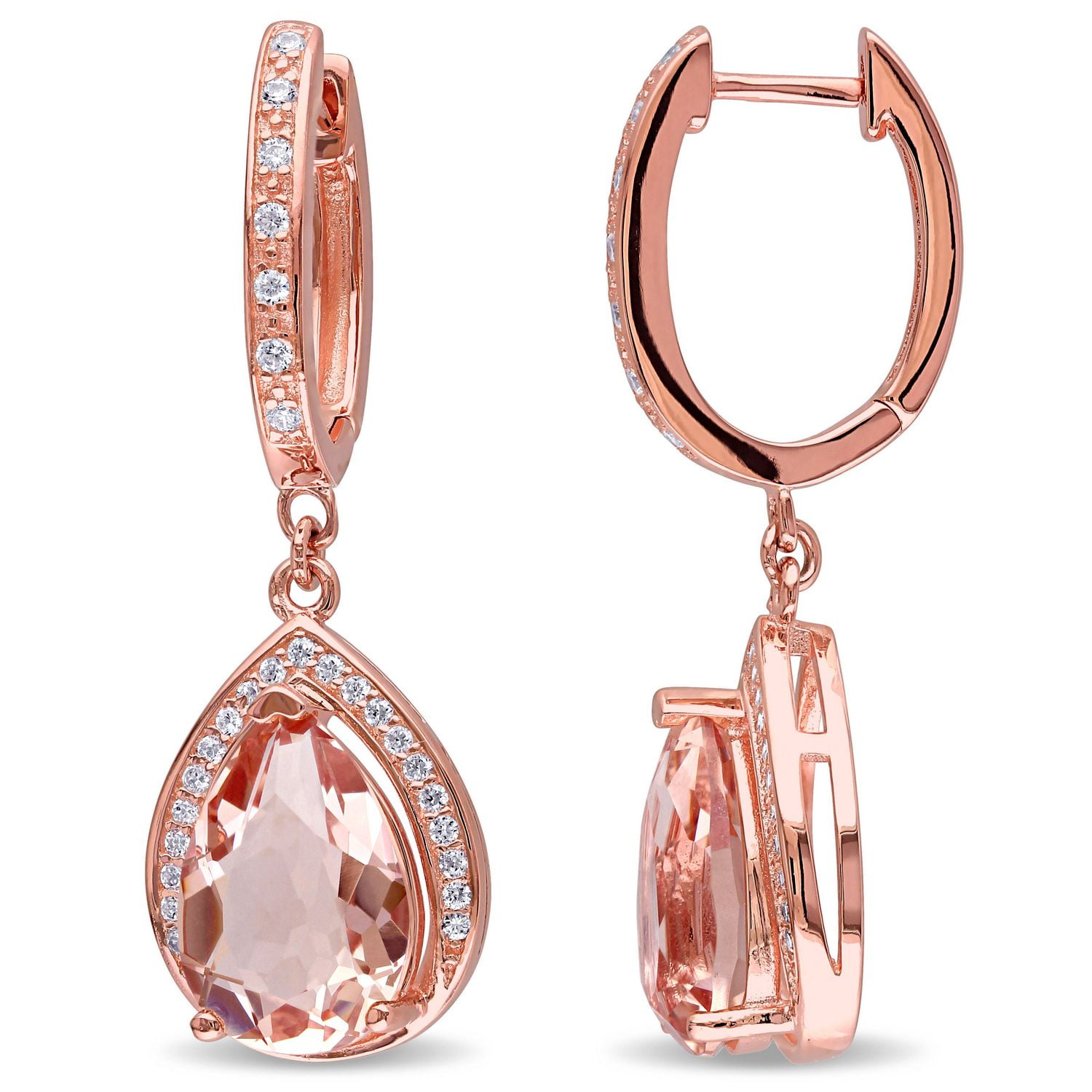 Boucles d'oreille Tangelo de forme goutte avec morganites synthétiques et zircons cubiques 6.36 CT PBT en argent sterling plaqué de rhodium rosé