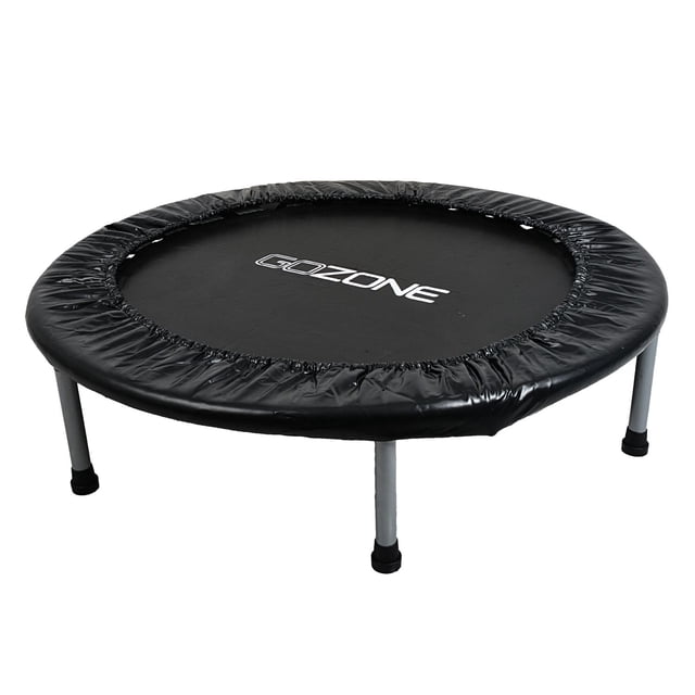 GoZone 36” Mini Fitness Trampoline in black with padded frame cover and six silver metal legs with non-slip rubber feet, featuring the GoZone logo on the jumping surface, designed for low-impact cardio, core toning, and balance training at home.