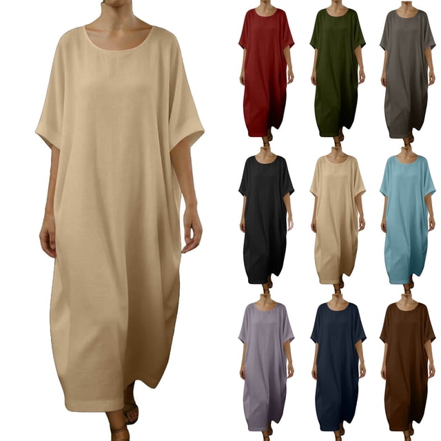 Pisexur Robes pour Femmes Classique Coton Lin Robe Maxi Couleur Unie Col Rond Manches Courtes Robe de Vacances pour la Plage Décontractée Ample Robes d'Été pour Femmes P-2TG,Noir