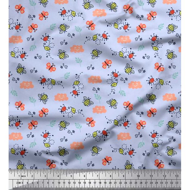 Soimoi Tissu Crêpe en polyester Bleu Abeille & Bouillotte Abeille Insectes Tissu Imprimé au Mètre 52 Pouces de Large