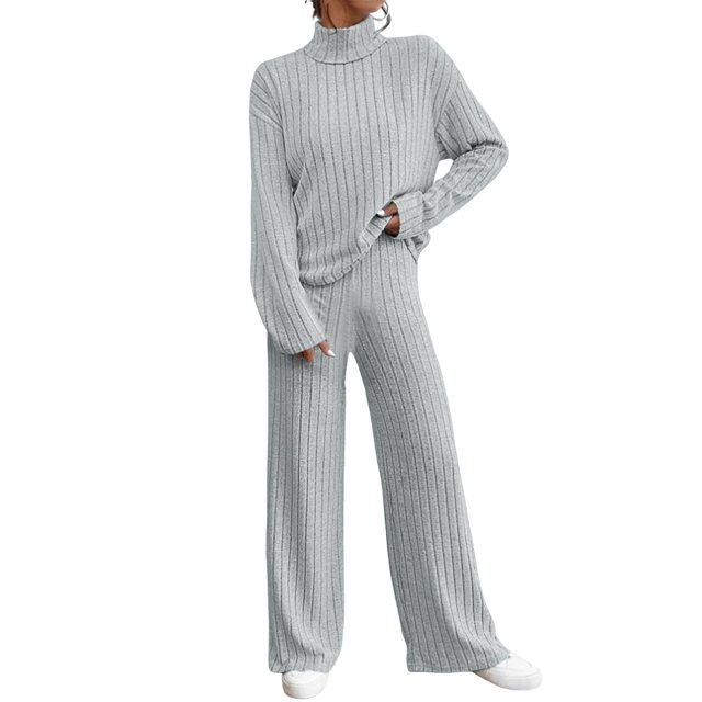 Kcodviy Women's Two Piece Knit Two Cutes Suit Matching Outfits High Neck Womens Pant Rompers and Jumpsuits Slit Hem Tee and Womens Summer Work Suits Pants Tracksuit Sets