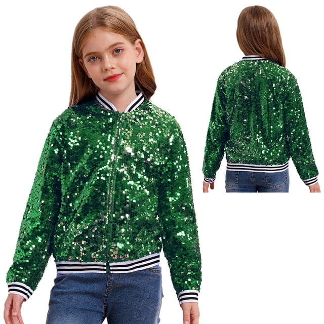 Aislor Girls Sparkle Sequin Bomber Jacket Glitter Jackets Long Sleeve Coat with Stripe Ribbed Cuffs Green 6