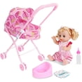thumbnail image 3 of SURJDE Baby Doll Stroller,Realistic 2 in 1 Baby Stroller for Dolls,Foldable Pram Gift Set with Baby Doll Cartoon Printing Design Baby Stroller with Gift for Dolls 4PCS (B), 3 of 7