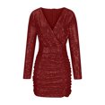 thumbnail image 4 of Gspmoly Robes pour Femmes, Femmes Robe à Paillettes Unie Fine à Fermeture Éclair Aguichant à Manches Longues à Col en V Robes de Cocktail pour Femmes Offres des Fêtes, 4 of 6