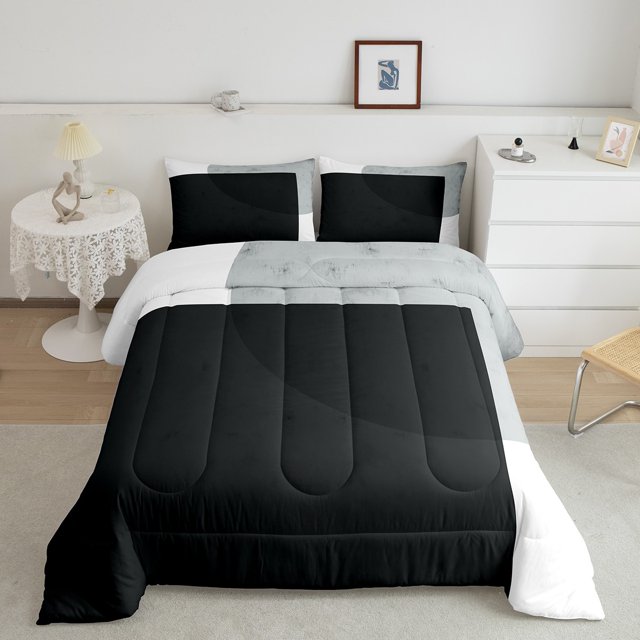 Erosebridal Modern Abstract Bedding Full Comforter Set, Black White Gray Down Comforter Microfiber 3pcs