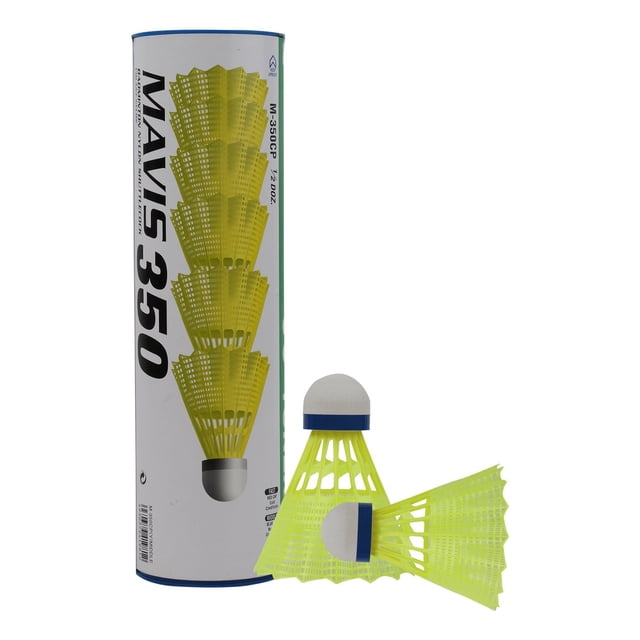 Yonex MAVIS 350 Badminton Nylon Shuttlecocks with a blue cap, shown in a pack of 6 shuttles. The shuttlecocks are bright yellow for easy visibility and designed for medium speed, suitable for temperatures between 12°C to 23°C. The image displays the cylindrical packaging alongside two shuttlecocks, highlighting their durable nylon construction and precise design for optimal recovery time.