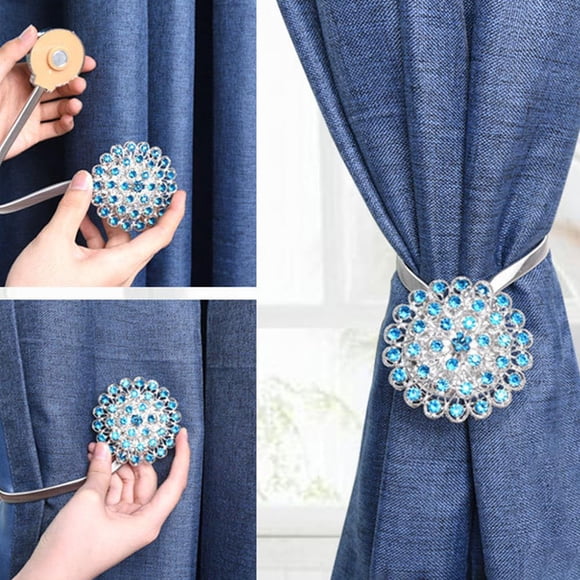 Elegant Curtain Hook Tiebacks with Decorative Crystal Flower – Durable Holdbacks for Home Window Drapery – 2 Pack – Peacock Blue
