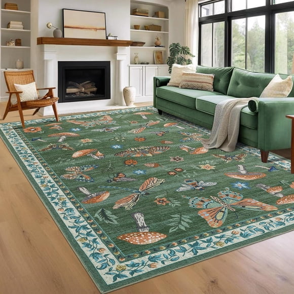 Tapis Lavable 9x12 Champignon Papillon Grand Tapis Antidérapant Tapis de Salon Imprimé Insecte Papillon de Nuit Tapis d'Accent Non Pelucheux Doux Tapis de Chambre Mince Pliable Tapis Moderne pour Ferme, Vert