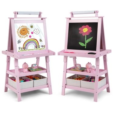 Costway Kids Art Easel Double Sided Chalkboard Magnetic Whiteboard with Storage Tray Pink