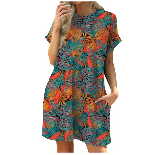 Offres du Jour Liquidation Iumwxz Robe à Manches Courtes Col Rond pour Femme Robe Décontractée Ample Robe de Soleil Robe de Nuit Imprimé Floral Robe de Plage pour Femmes Robe Confortable pour Fête à la Maison