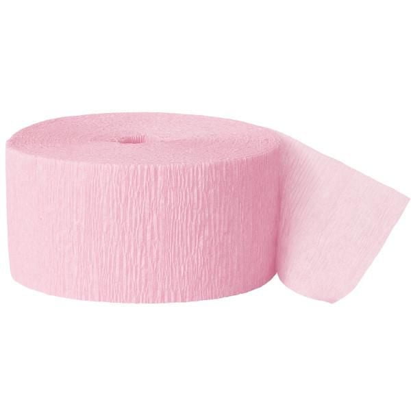 Pastel Pink Crepe Paper Streamer, 81ft roll of textured light pink paper streamer partially unrolled, suitable for party supplies, ceiling decorations, and crafting paper flowers or pom-poms.