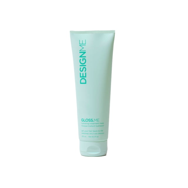 Design.ME Gloss.Me Hydrating Treatment Mask 250mL in a sleek, pastel green tube with bold teal branding. This hair mask is formulated with cannabis oil, argan oil, and moringa seed oil to restore hydration, elasticity, and shine while preventing split ends and breakage. Paraben-free, sulfate-free, cruelty-free, and colour-safe, it nourishes and strengthens hair while fighting frizz.