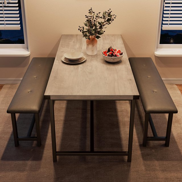 BeesClover Dining Table with 2 Benches, Dining Room Table Set for 4, Kitchen Table with 2 Upholstered Benches Rectangular Space Saving for Apartment, Dining Room, Kitchen, 44.5 Inches Large