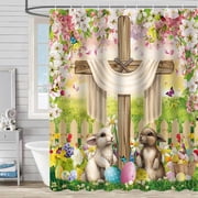 TIMIFIS Shower Curtain Easter Shower Curtain Watercolor Bunny Floral Bathroom Curtains Spring Holiday Bathroom Decor Washable Fabric Shower Curtain Liner