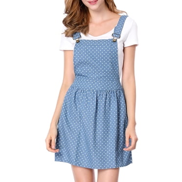 INSPIRE CHIC Women's Adjustable Shoulder Straps Cute Mini Overall Dress XS Light Blue-Dots