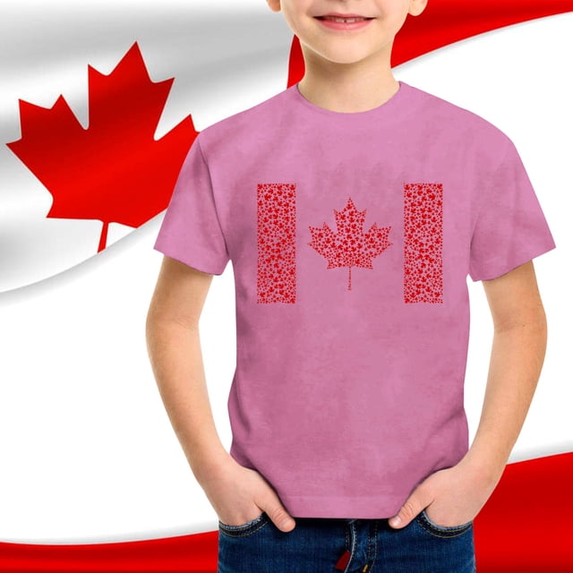 T-shirts pour Garçons Enfants Garçons et Filles Été Fête du Canada Drapeau Feuille d'Érable Monogramme Imprimé Décontracté Col Rond Manches Courtes T-Shirt Hauts d'Été Rose 10 Ans-11 Ans