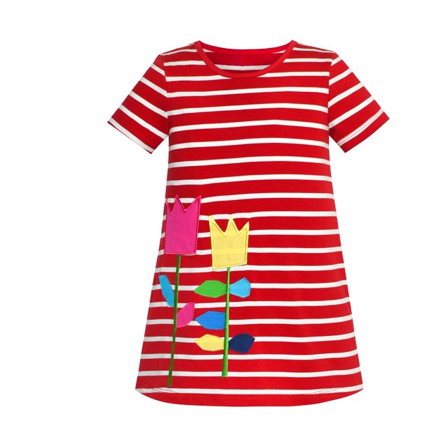 Robe Fille à Fleurs Brodées à Rayures Rouges à Manches Courtes 3 Ans