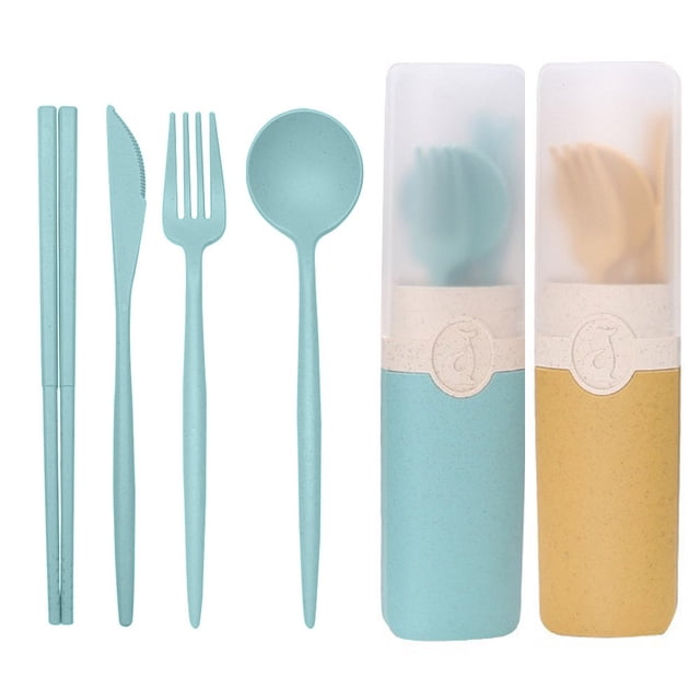 Camping Utensils Set, Travel Utensils Set with Case, including 2 sets of portable reusable wheat straw tableware in green and yellow. Each set contains a dinner knife, fork, spoon, chopsticks, and a travel case. Lightweight, degradable, and dishwasher safe, perfect for travel, picnics, camping, or daily use.