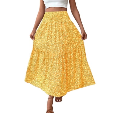 fheaev Flowy Boho Maxi Skirt for Women Trendy High Waist Elastic A Line Pleated Ruffle Tiered Summer Casual Beach Long Skirts