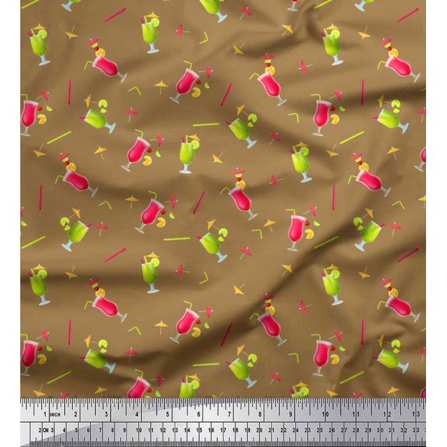Soimoi Poly Georgette Fabric Straw & Juice Beverages Printed Fabric 1 Yard 52 Inch Wide
