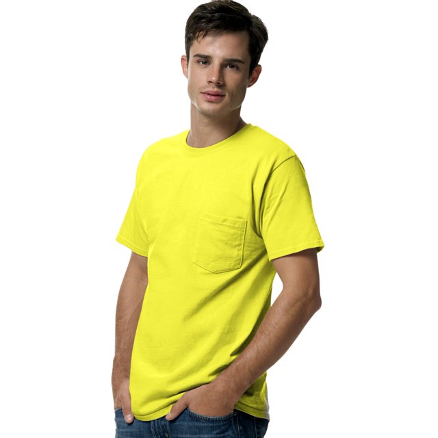 Hanes TAGLESS Men`s Pocket T-Shirt, 2XL, Safety Green
