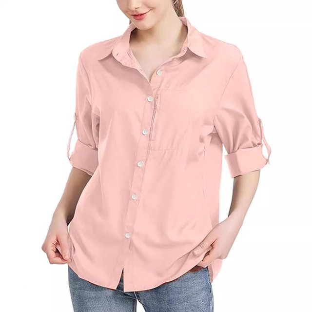 RXIRUCGD Blouse Chemise Décontractée pour Femme à Manches Longues, Col Rabattu, Couleur Unie, Hauts, Cardigan à Simple Boutonnage, Blouse avec Poches, Rose, Taille : 2TG