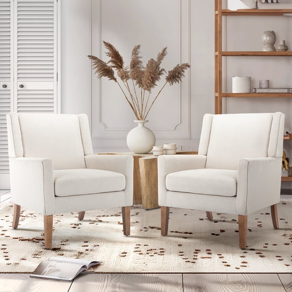 MALOL Modern Accent Chair Set of 2, Wingback Upholstered Fabric Armchair with Wood Legs, Mid-Century Chair for Living Room Bedroom, Beige