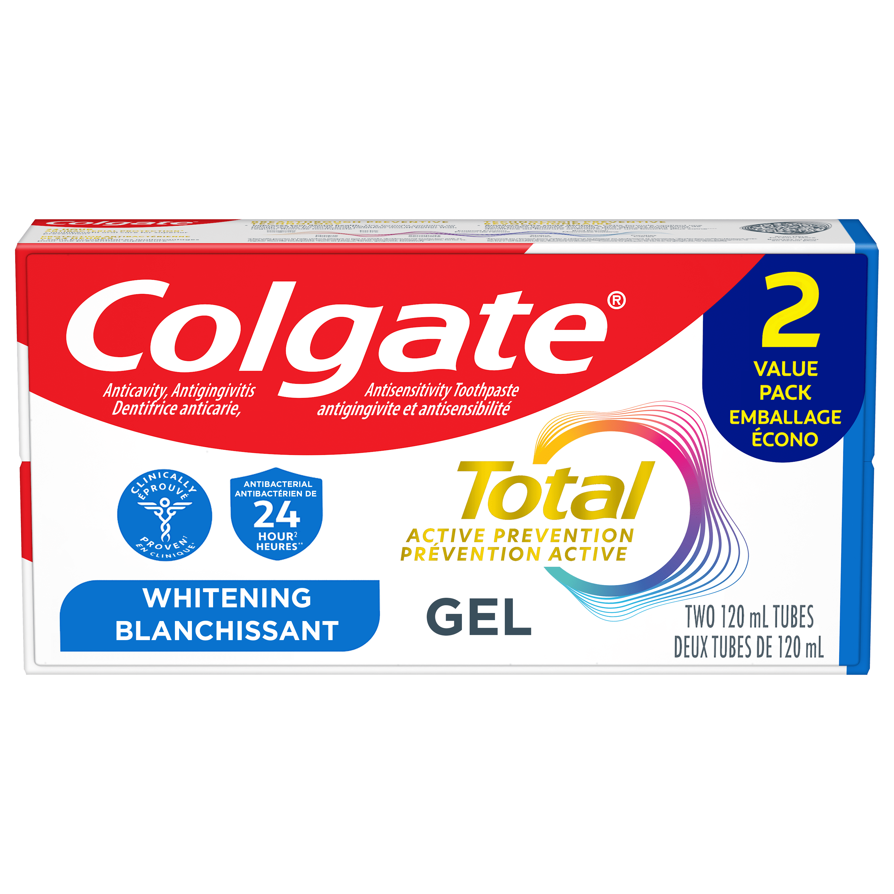 Colgate Total Prévention Active Dentifrice Blanchissant, Menthe, Emballage Écono 2 x 120 ml