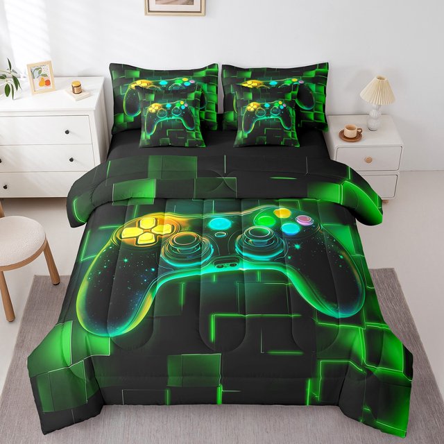 YST 7Pcs Kids Gamer Comforter Set King, Gaming Bedding Comforter Set, Video Games Controller Gamepad Bed In A Bag Neon Glowing Square Geometric Grid Green Bed Sets With Comforter And Sheets