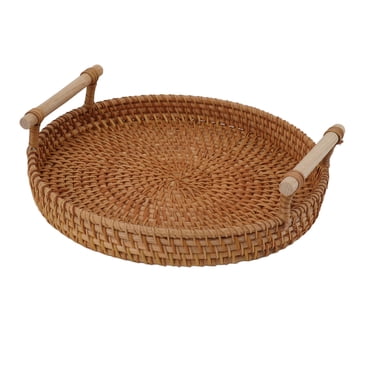 Plateau de Service Rond en Rotin avec Poignées, Plateau Ottoman Tissé Décoratif pour Table Basse, Petit Design en Rotin Fait à la Main