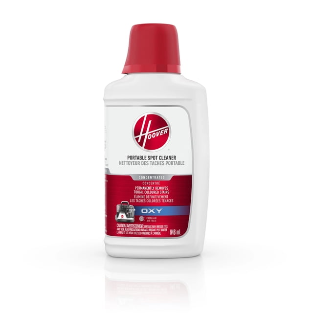 Hoover Oxy Formule de Nettoyage Portable PDC dans une Bouteille en Plastique Blanche de 946 ml avec Capuchon Rouge et Étiquette, Formulée pour Enlever les Taches Colorées Tenaces et Neutraliser les Odeurs sur les Tapis, les Tissus d'Ameublement, les Intérieurs de Voiture et les Escaliers, compatible avec les machines Portatives de Nettoyage de Taches.