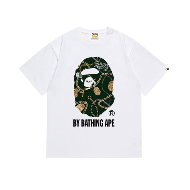 Ape Short Sleeves, Male And Female Teenagers Short Sleeves by SinKeeU. This white T-shirt features a loose fit with short sleeves and a round neck. Made from breathable pure cotton, it showcases a bold graphic design of a green ape silhouette adorned with gold chain patterns and the text 'By Bathing Ape' below. Ideal for teenagers and suitable for spring, summer, and autumn casual wear.