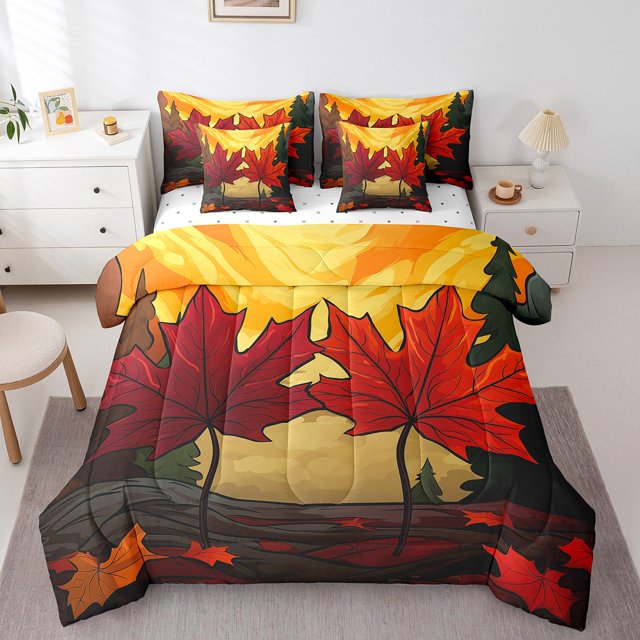 Ensembles de Literie Feuille d'Érable 7 Pcs pour Enfants Garçons Filles Ensemble de Couette Feuille d'Automne Simple, Ensembles de Couette Rouge Jaune Literie Saison Automne Lit en Sac Accessoires de Literie Thème Botanique, avec 2 Taies d'Oreiller