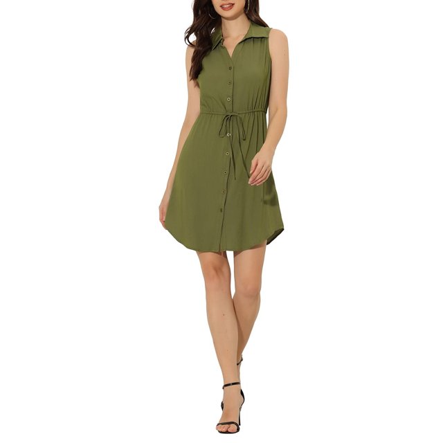 INSPIRE CHIC Robe-Chemise en Denim Sans Manches pour Femme à Col, Boutonnée, avec Ceinture à la Taille, P Vert Armée