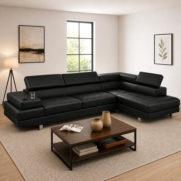 Cosmic Homes Grayson 3-Seater Leather Upholstered Sectional Sofa with RHF Chaise – Cup Holder Black